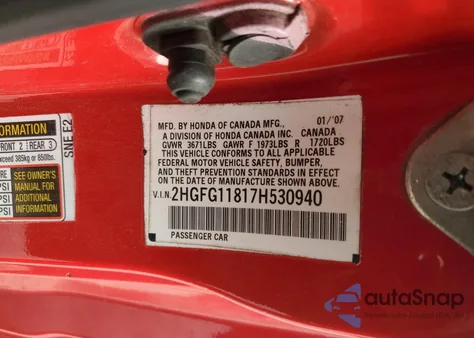 2007 Honda Civic Ex from USA, damaged, VIN 2HGFG11817H530940